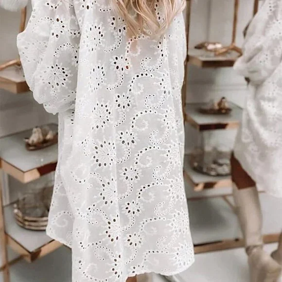 White Boho Women's Button-Front Long Sleeve Casual Blouse - Picture 2 of 5